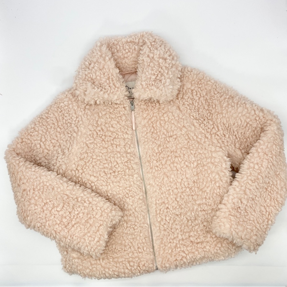 LIGHT PINK APRICOT SHERPA STYLE FUR ZIPPER POCKET WINTER COAT JACKET LADIES XS